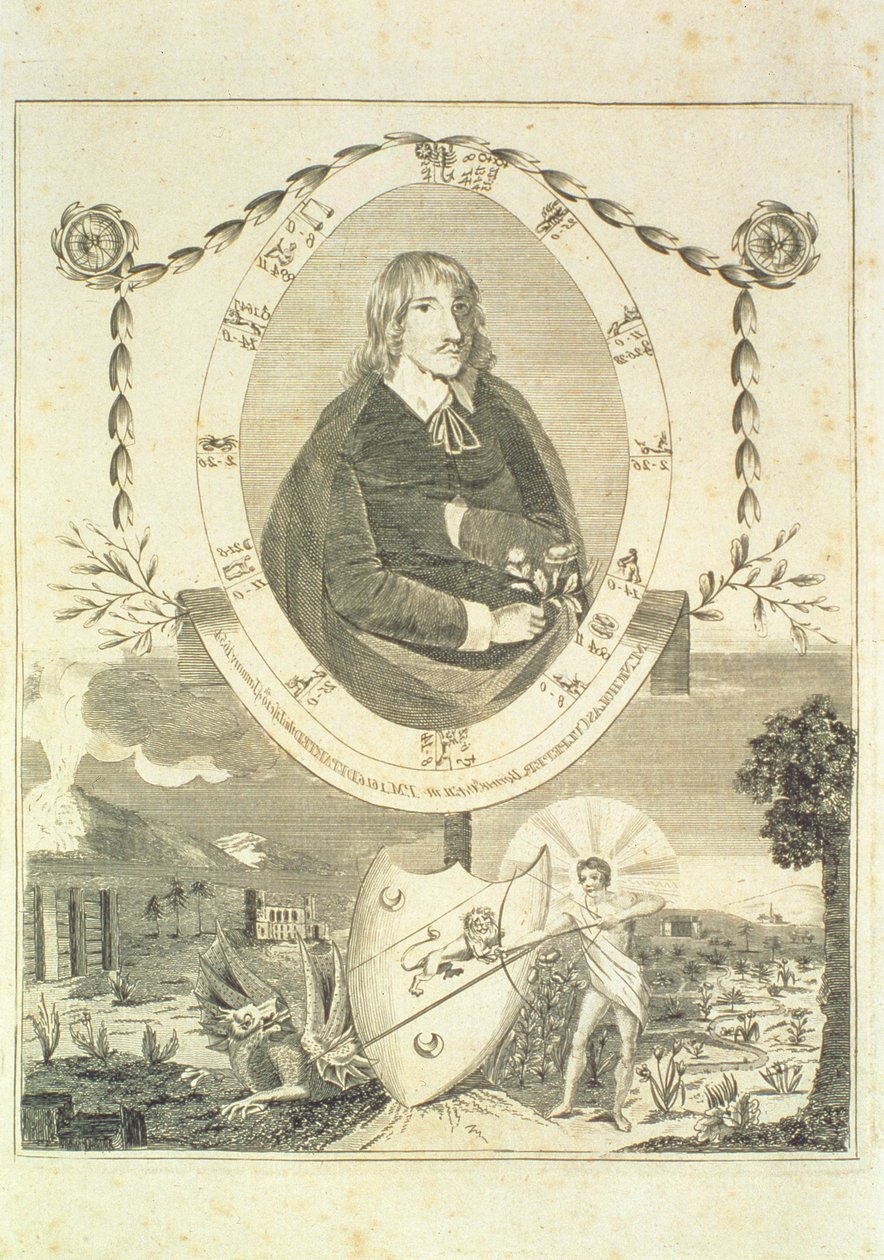 Portrét Nicholase Culpepera (1616-54), frontispis Culpepers, anglický lékař a kompletní bylinný, vydaný 1790 od English School