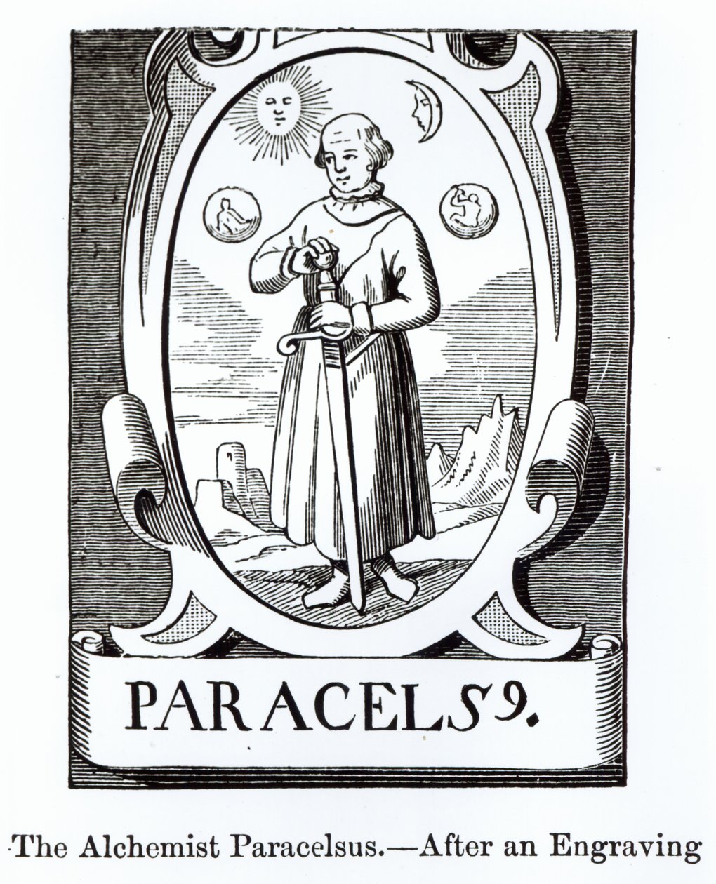 Portrét Paracelsa (Philippus Aureolus Theophrastus) (1493-1541), ilustrace z Vědy a literatury ve středověku a renesanci, napsal a vyryl Paul Lacroix, 1878 (woodc od English School