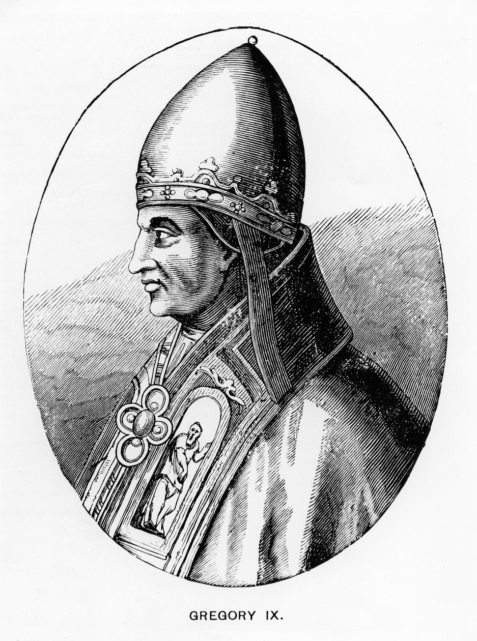 Portrét papeže Řehoře IX. (asi 1170-1241) ilustrace z „Vědy a literatury ve středověku a renesanci“, napsal a vyryl Paul Lacroix, 1878 od English School
