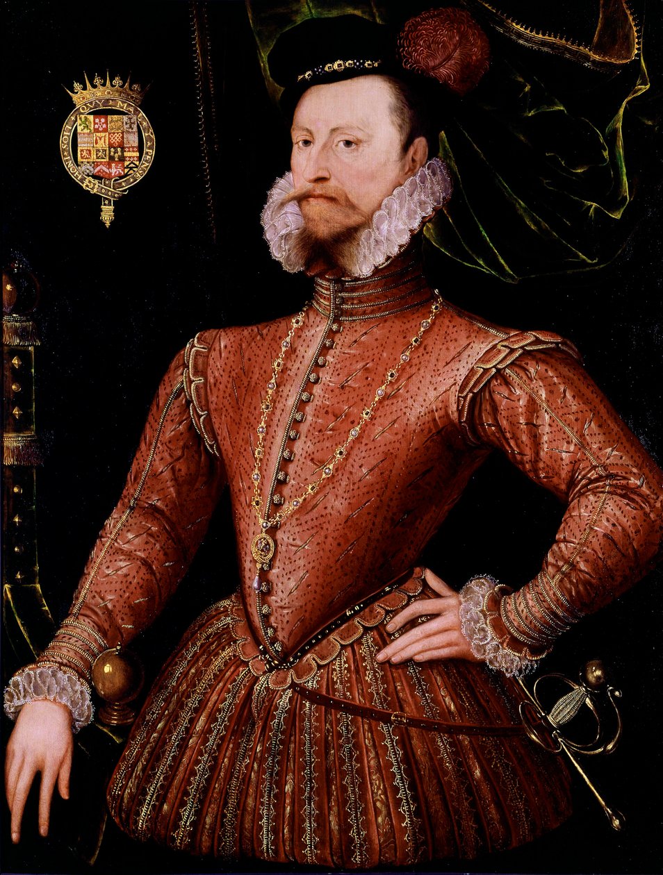 Portrét Roberta Dudleyho, hraběte z Leicesteru (1532-1588), oblíbence Elisabeth Iere Anonymní obraz anglické školy. 16. století. Sun 1,08x0,82 m Londýn, Národní galerie portrétů od English School