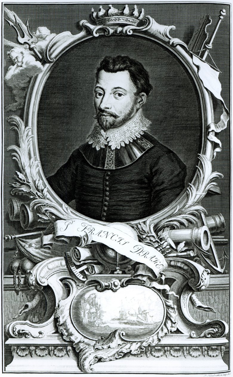 Portrét sira Francise Drakea (asi 1540-96) vyrytý Jacobusem Houbrakenem (1698-1780) (rytina) (černobílá fotografie) od English School