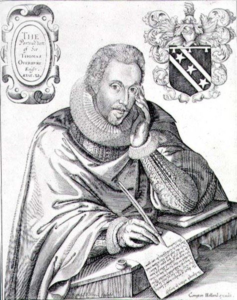 Portrét sira Thomase Overburyho (1581-1613) píšícího svůj epitaf, vyrytý Renoldem Elstrackem (1571-c.1630) 1613 (rytina) od English School