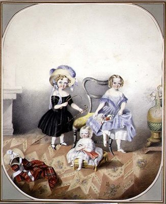 Portrét tří modrookých dívek v maškarních šatech, cca 1840 (akvarel na papíře) od English School