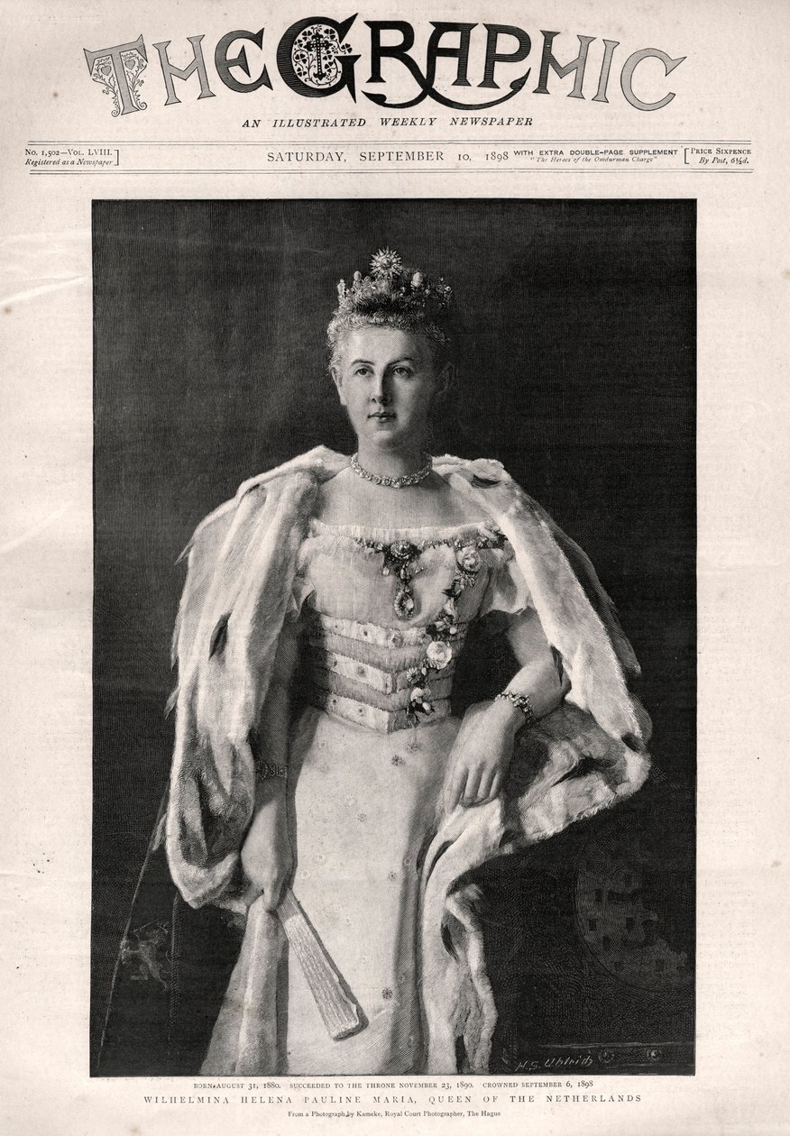 Portrét Wilhelminy Nizozemské (1880-1962), královny Nizozemska - titulní strana novin „“ The Graphic“ od English School