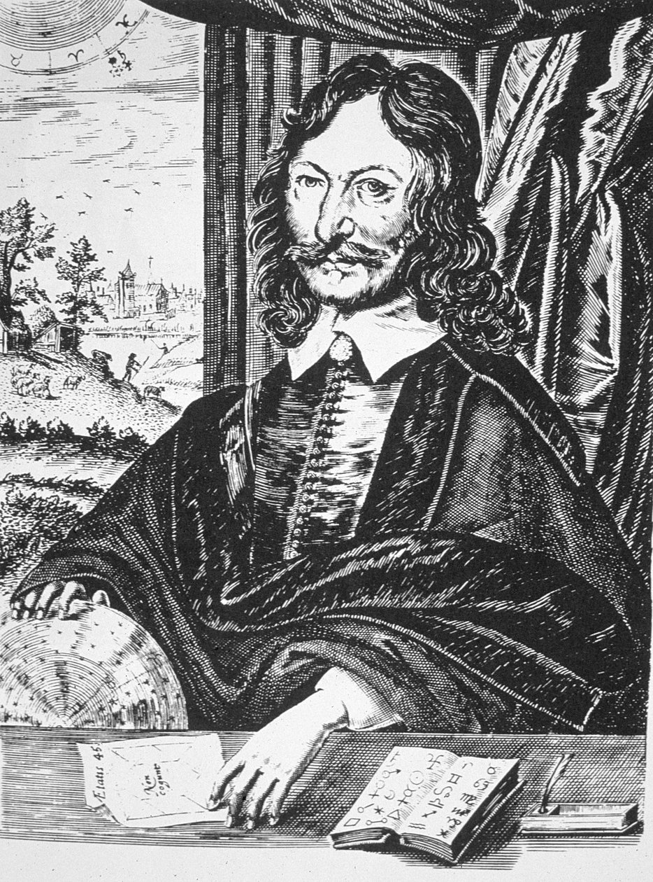 Portrét Williama Lillyho (1602-81), z jeho křesťanské astrologie, Londýn 1647, ilustrovaný v Historii magie, vydané koncem 19. od English School