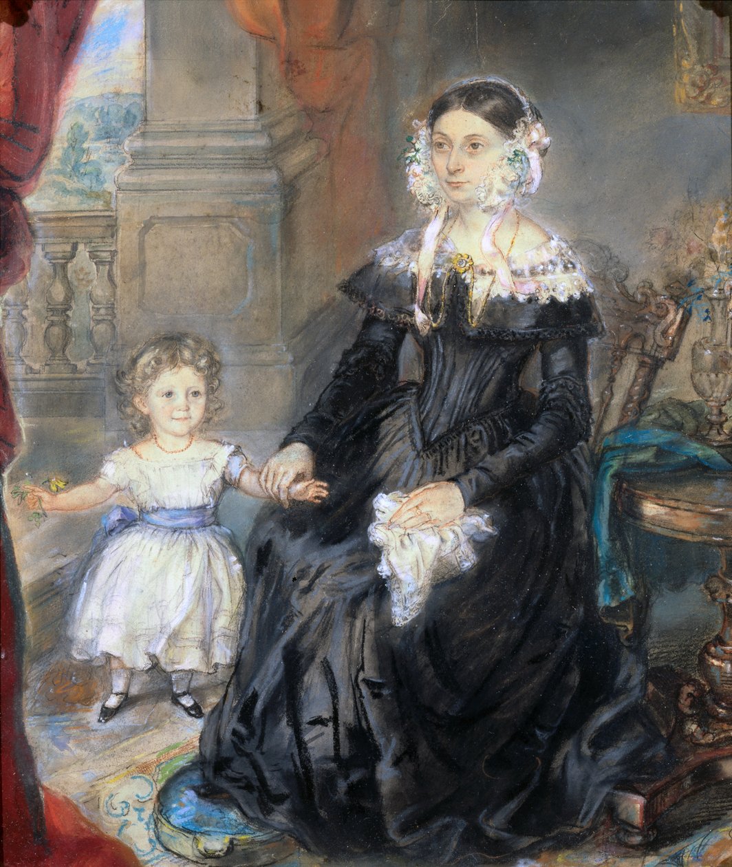 Portrét matky a malého dítěte v interiéru, kolem roku 1830 (pár viz 126404) od English School