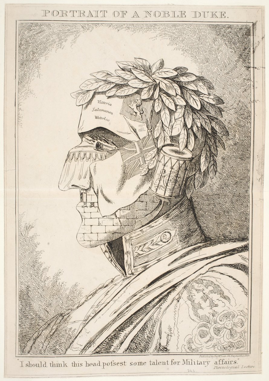 Portrét vznešeného vévody, měl bych si myslet, že tato hlava má talent pro vojenské záležitosti, hospoda Thos McLean, 1829 od English School