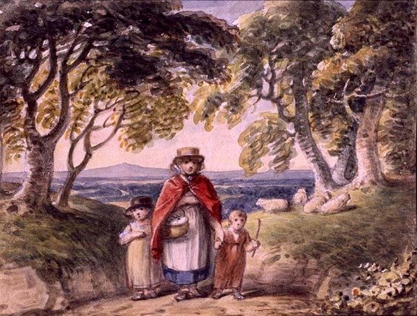 Portrét ženy a dvou dětí v lesní krajině, cca 1820 (akvarel na papíře) od English School