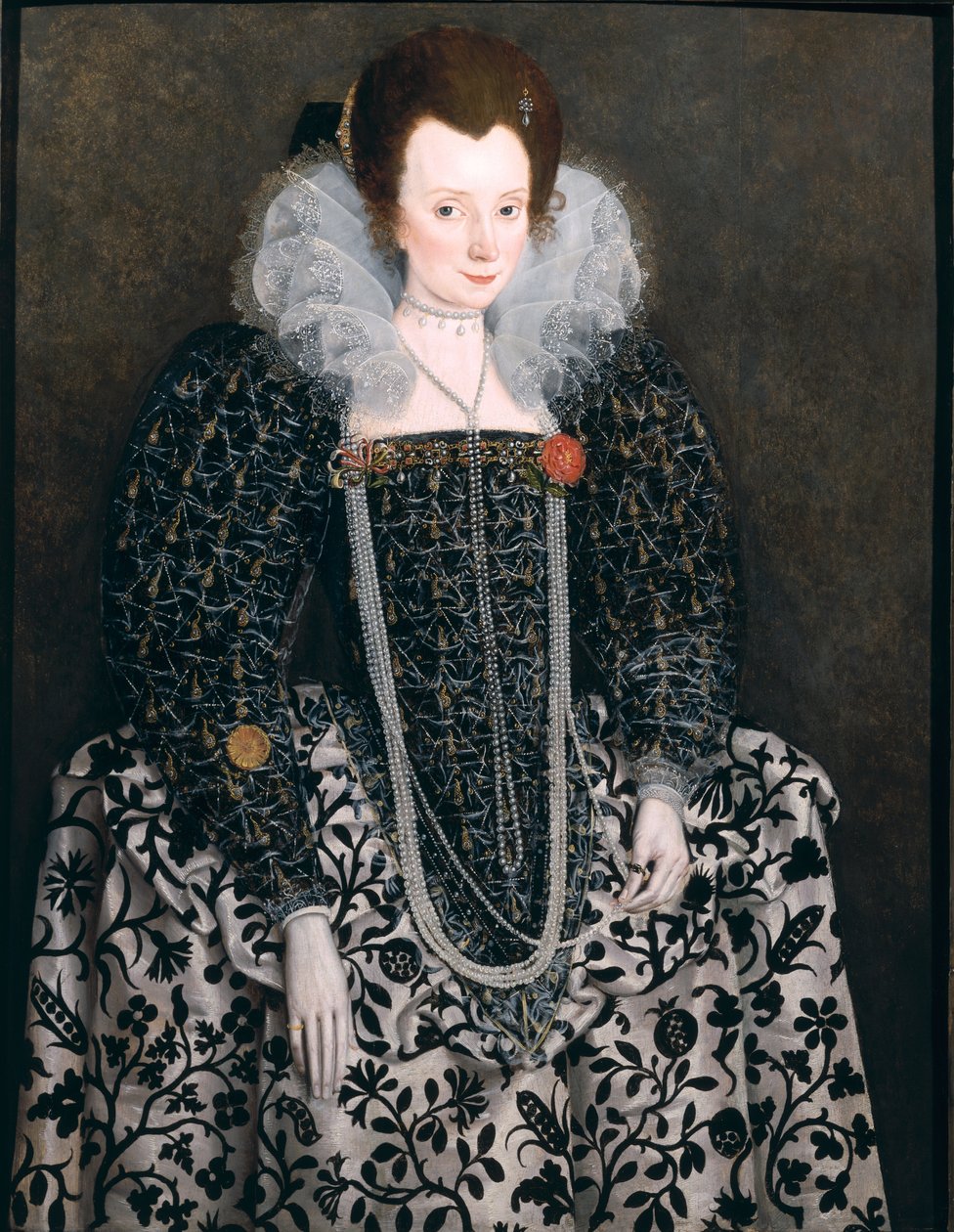 Portrét ženy, tradičně identifikované jako Mary Cloptonová (rozená jako Waldegrave) z Kentwell Hall, Suffolk, kolem roku 1600 od English School