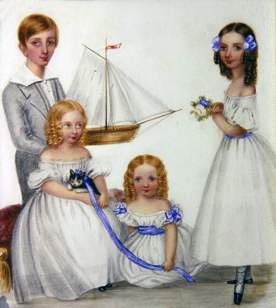 Portrét čtyř dětí držících plachetnici a kotě, asi 1830 (akvarel na papíře) od English School