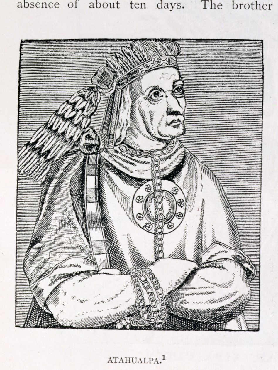 Portrét posledního náčelníka Inků, Atahualpy, z „Příběhu a kritické historie Ameriky“, editoval Justin Winsor, Londýn, 1886 od English School