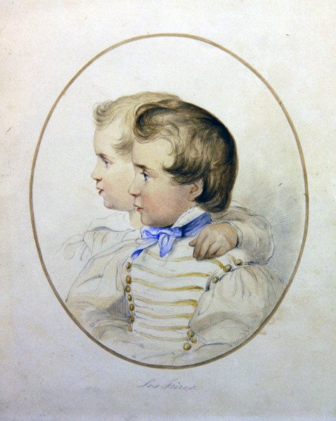 Portrét dvou bratrů ve vojenském kostýmu, cca 1840 (akvarel na papíře) od English School
