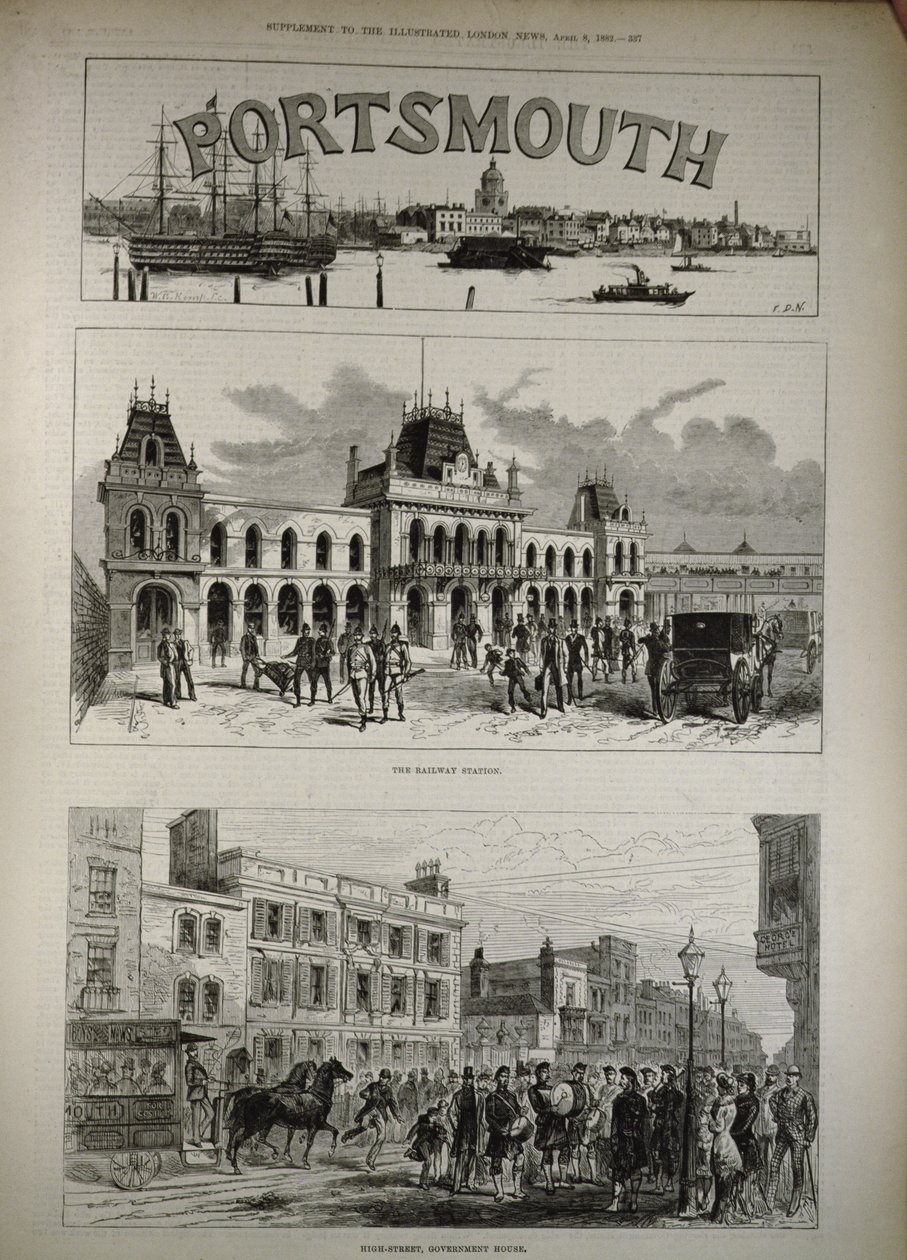 Portsmouth: The Railway Station and High Street, Government House, z „The Illustrated London News“, 8. dubna 1882 od English School