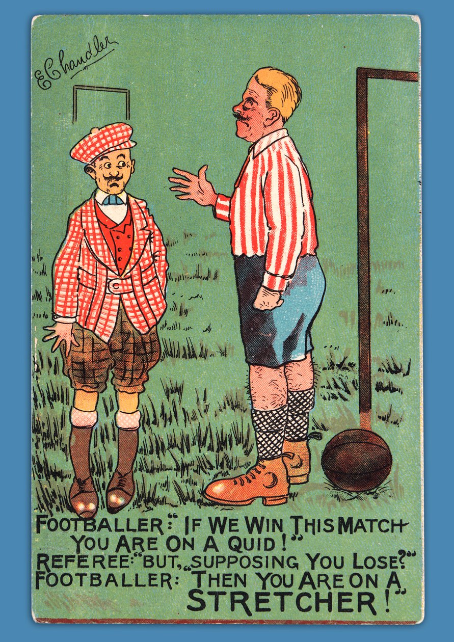 Pohlednice zobrazující karikaturu španělského fotbalisty od English School
