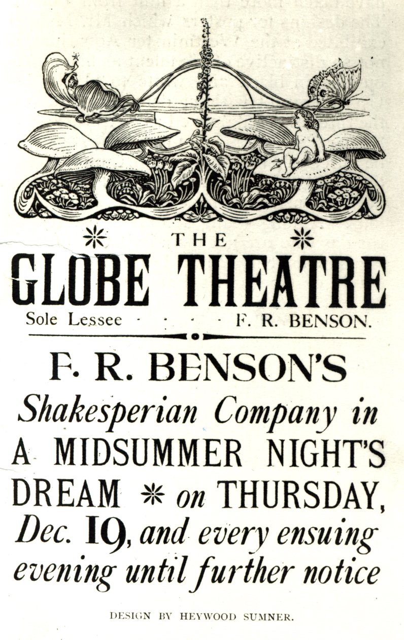 Reklamní plakát „Sen noci svatojánské“ od Williama Shakespeara (1564-1616) v podání Shakespearean Company F. R. Bensona v divadle Globe, kolem roku 1890 (tisk) od English School