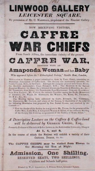 Plakát propagující přednášku o Caffre War Chiefs v Linwood Gallery od English School