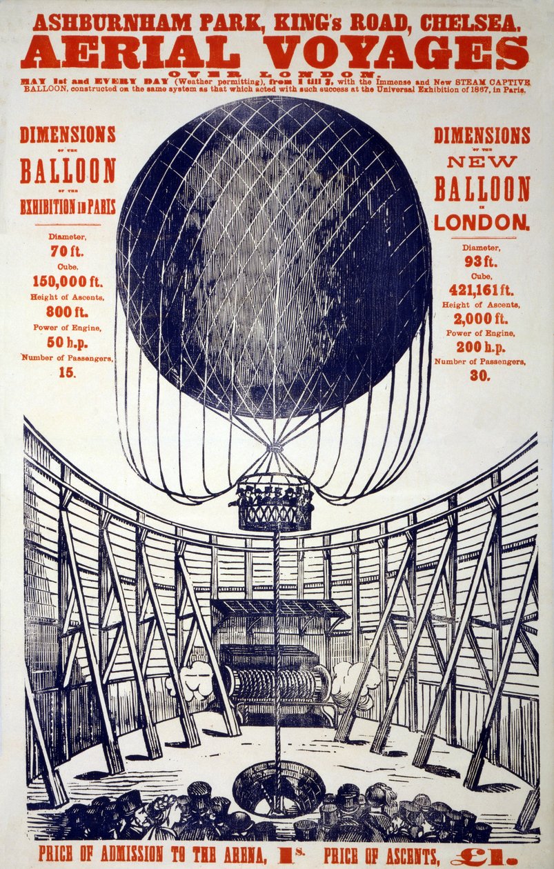 Plakát propagující "Aerial Voyages over London", hospoda. 1867 (barevná litografie) od English School