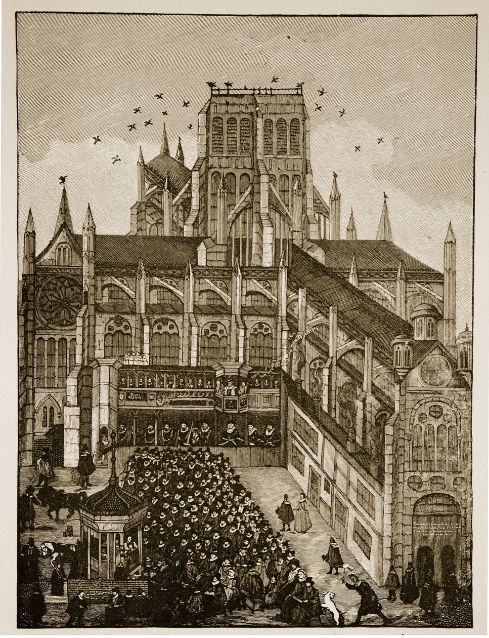 Kázání před králem a princem z Walesu na Pauls Cross v roce 1616, po malbě ze 17. století od English School