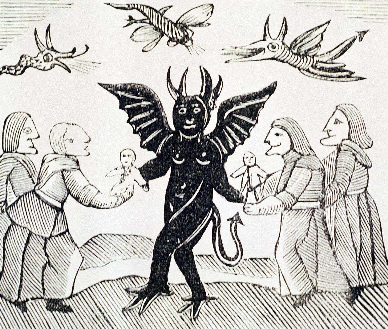 Prezentace dětí ďáblovi, kopie ilustrace z Čarodějky z lesů použité ve sbírce učebnic o esoterice od English School