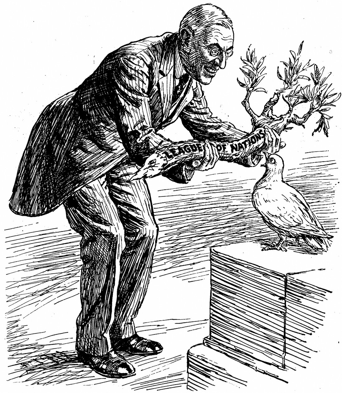 Prezident Wilson podává holubici míru olivovou ratolest s nápisem "Společnost národů", z časopisu Punch, Londýn, 26. března 1919 (tisk). od English School