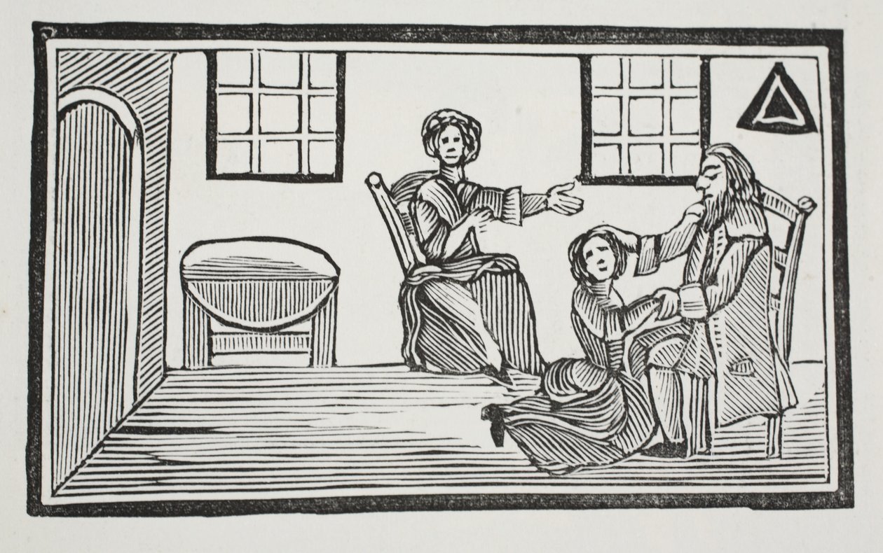 Pretty Bessie dostává otcovské požehnání, když jde hledat vlastní živobytí, ilustrace z Chap-books of the Eighteenth Century od Johna Ashtona, hospoda. 1882 od English School