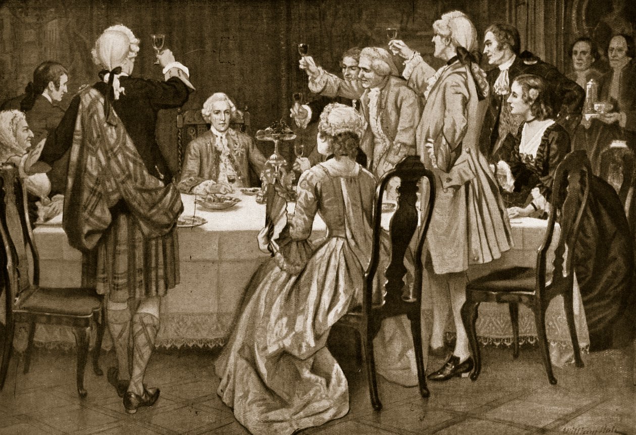 Princ Charles Edward v Holyroodu, ilustrace z knihy Hutchinsons Story of the British Nation, cca 1923 od English School