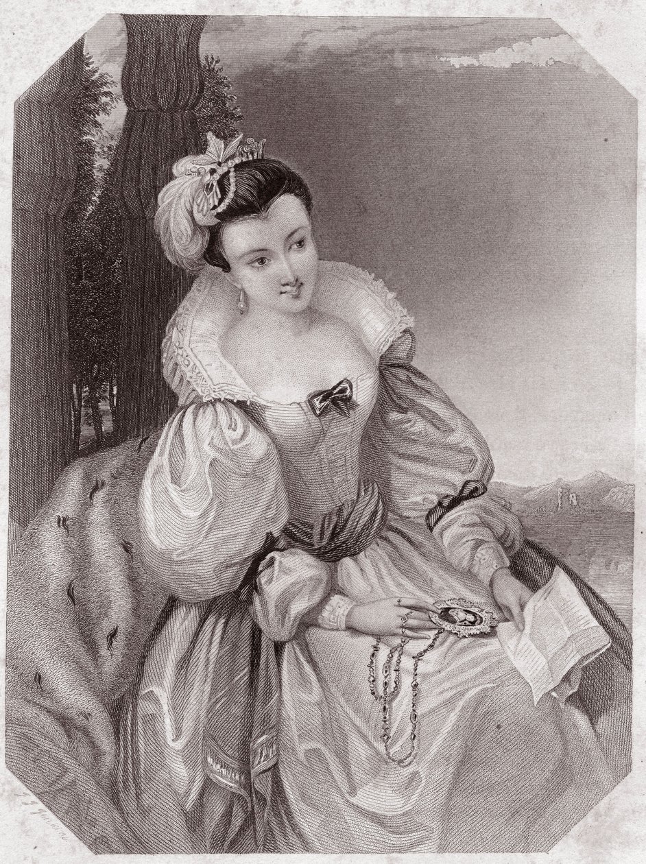 Princezna Francie (Láska ztracená) v - „“ Galerie des femmes de Shakespeare, sbírka čtyřiceti pěti vážných portrétů prvních londýnských umělců, obohacená o kritické a literární poznámky“““ kolem roku 1838 – z „“ Galerie žen Shakespeara, od English School