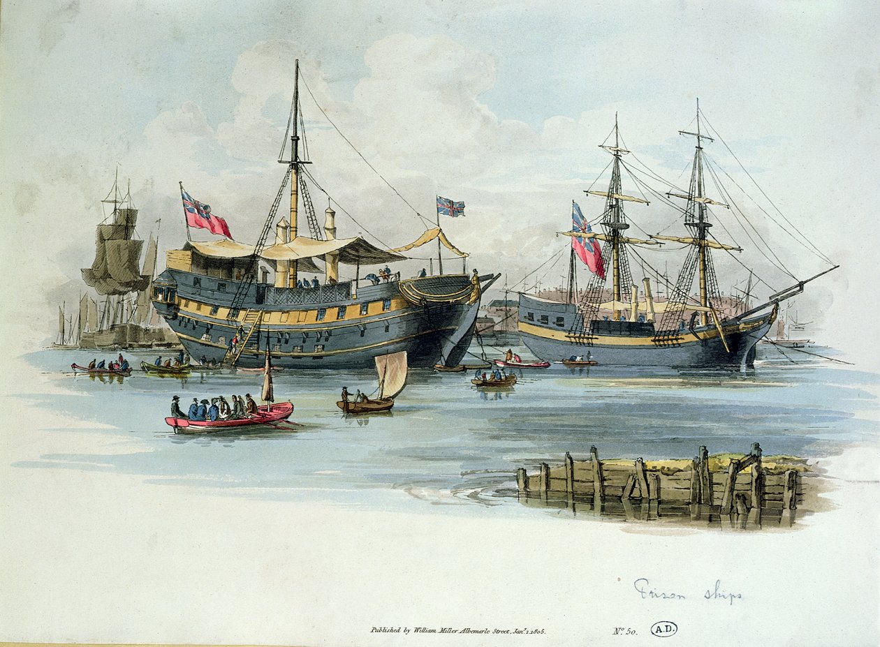 Vězeňské lodě používané Brity během napoleonských válek k ubytování francouzských zajatců, 1805 (barevná rytina) od English School