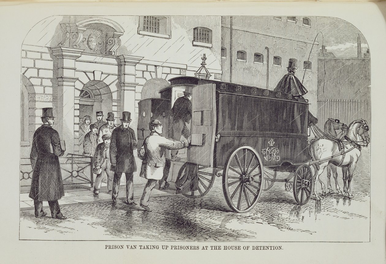 Prison Van přebírá vězně v Domě zadržování, z The Criminal Prisons of London a Scenes of Prison Life od Henry Mayhew (1812-87) a John Binny, 1862 od English School