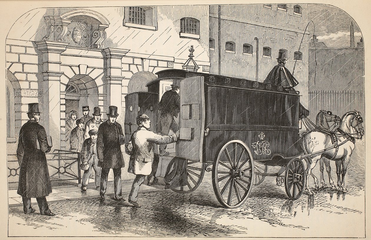 Vězeňský vůz přebírající vězně u vazební věznice, ilustrace z knihy The Criminal Prisons of London and Scenes from Prison Life od Henryho Mayhewa a Johna Binnyho, vyd. 1862 od English School