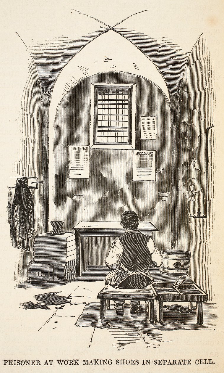 Vězeň při práci na výrobě bot v samostatné cele, ilustrace z knihy The Criminal Prisons of London and Scenes from Prison Life od Henryho Mayhewa a Johna Binnyho, vyd. 1862 od English School