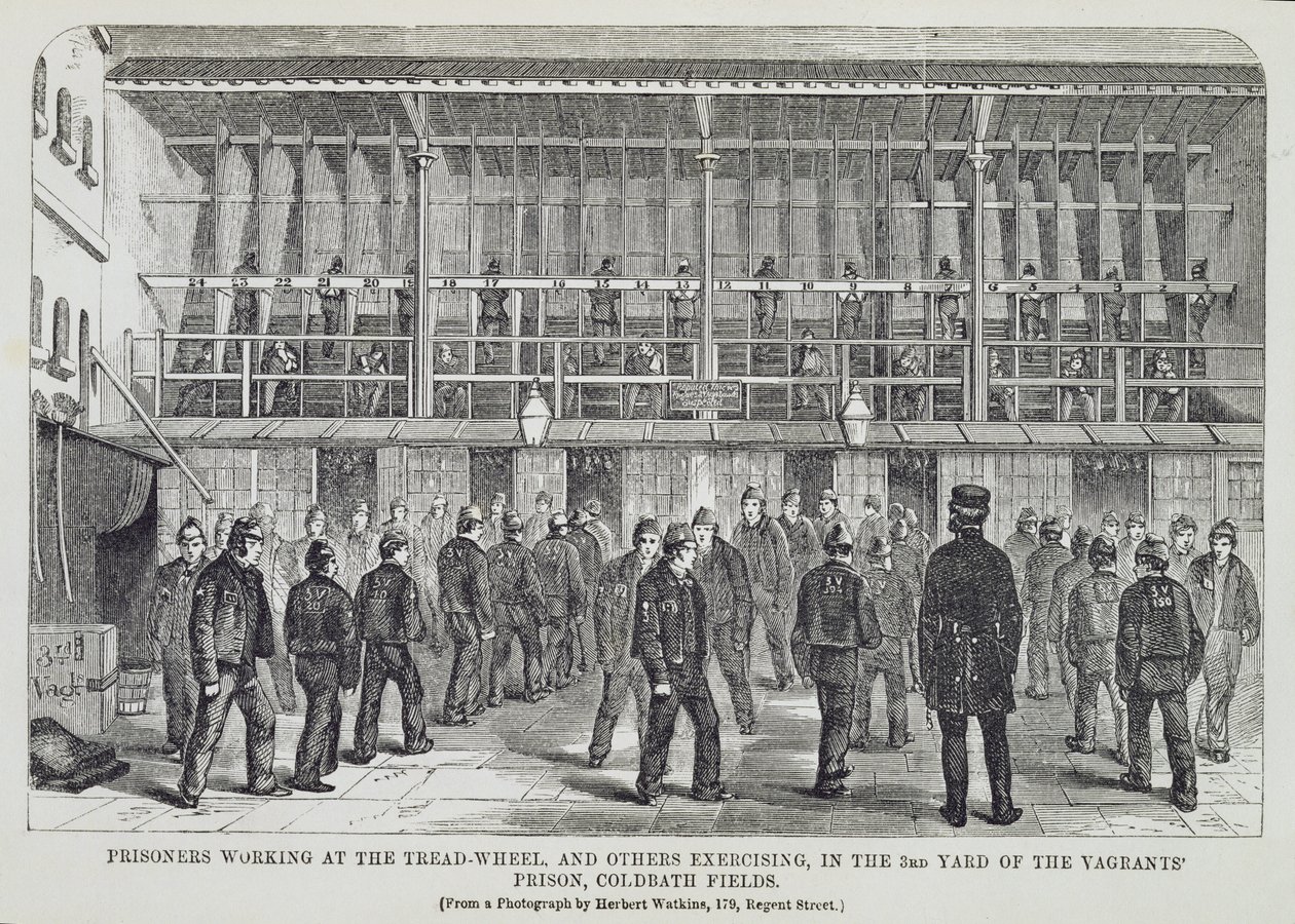 Vězni pracující na běhounu a další cvičící ve 3. yardu věznice Vagrants, Coldbath Fields, z The Criminal Prisons of London a Scenes of Prison Life od Henryho Mayhewa (1812- od English School