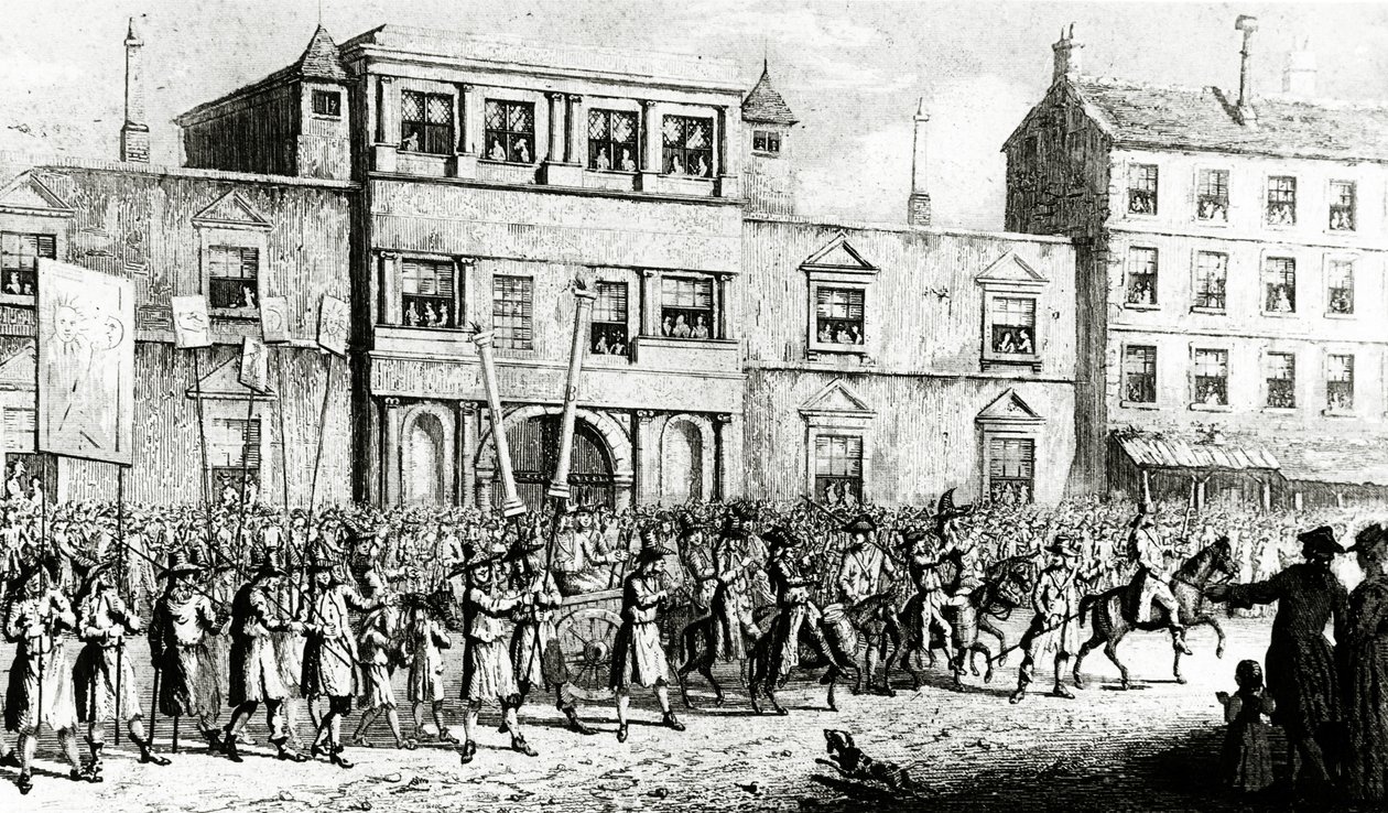 Procesí 1741 v Londýně zesměšňující svobodné zednáře, 1843 od English School