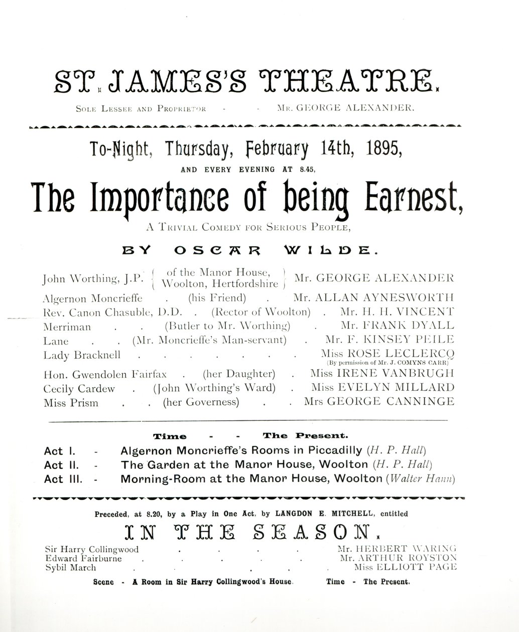 Program k představení The Importance of Being Earnest od Oscara Wilda (1854-1900) v St. James Theatre, 14. února 1895 od English School