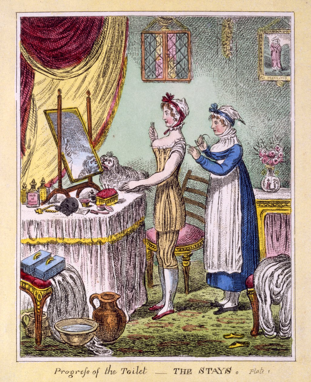Progress of the Toilet - The Stays Plate 1, pub. od McCleary, Londýn, 1810 (ručně kolorovaná rytina) od English School