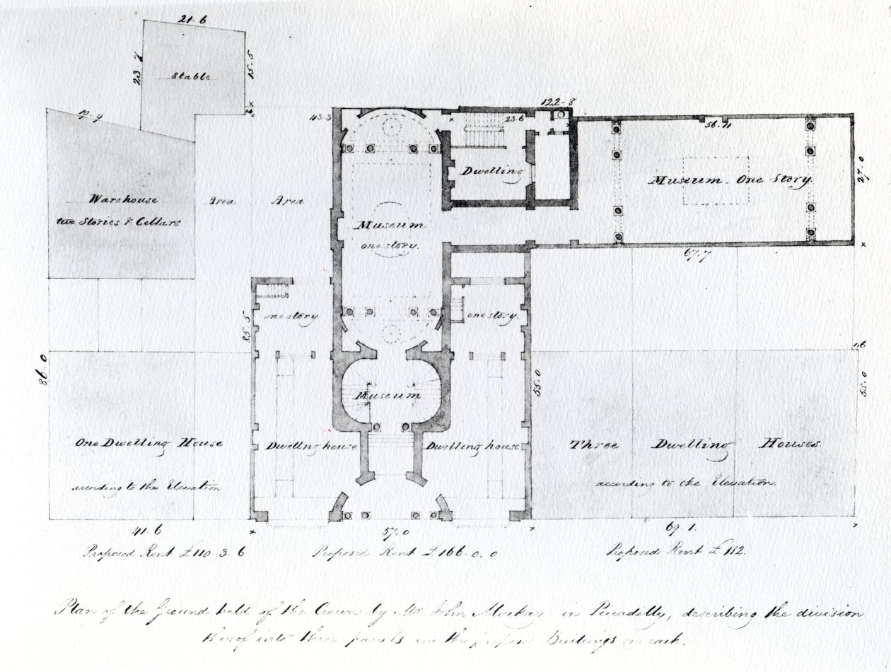 Navrhovaný půdorys pro Egyptian Hall, Picadilly, 1810 (inkoust na papíře) od English School