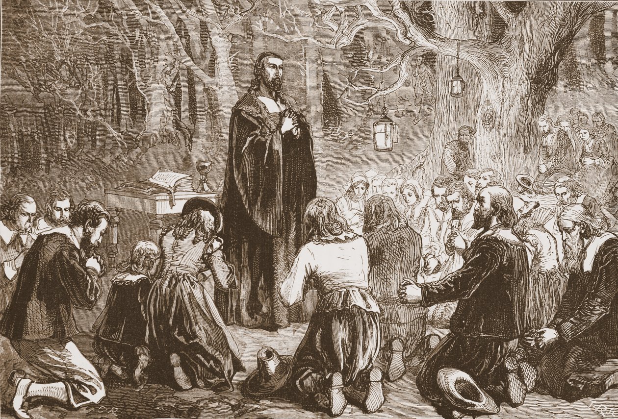 Protestantské uctívání v noci v kostele v poušti, ilustrace z Historie protestantismu od Jamese Aitkena Wylie (1808-1890), hospoda. 1878 od English School