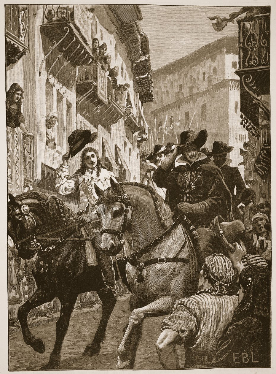 Veřejné přijetí prince Charlese v Madridu, ilustrace z Cassell Illustrated History of England (sépiová fotografie) od English School