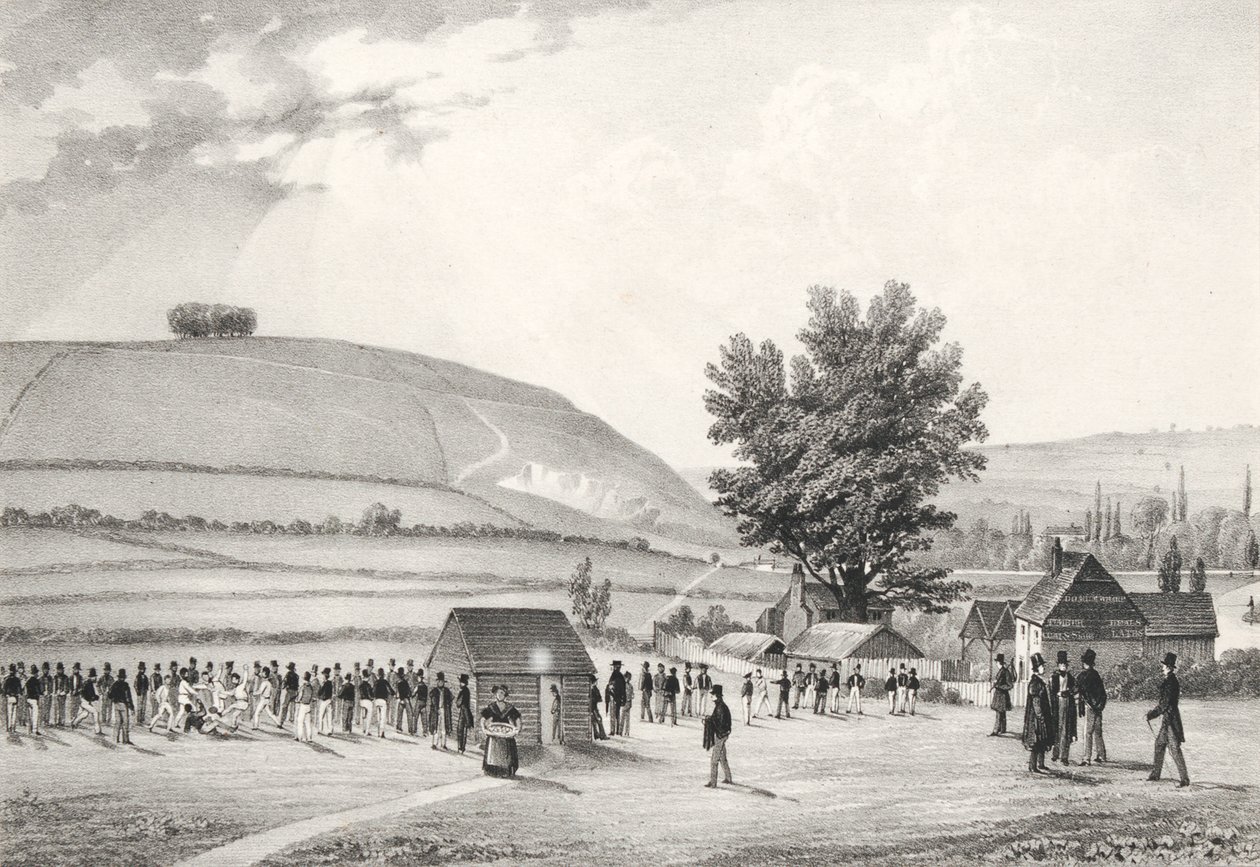 Chlapci z veřejné školy (Charterhouse) hrají fotbal (bw litho) od English School