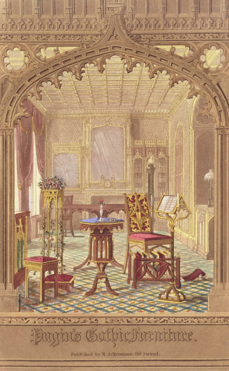 Gotický nábytek Pugins, Augustus Charles Pugin (1762-1832), vydal R. Ackermann, 1827 od English School
