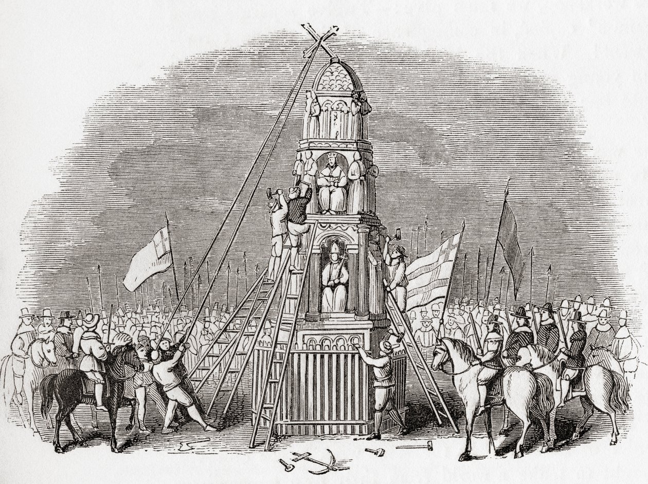 Puritáni ničí Cheapside Cross alias Eleanor Cross v Londýně v roce 1643, ze staré Anglie: z knihy Old England Museum, vyd. 1847 od English School