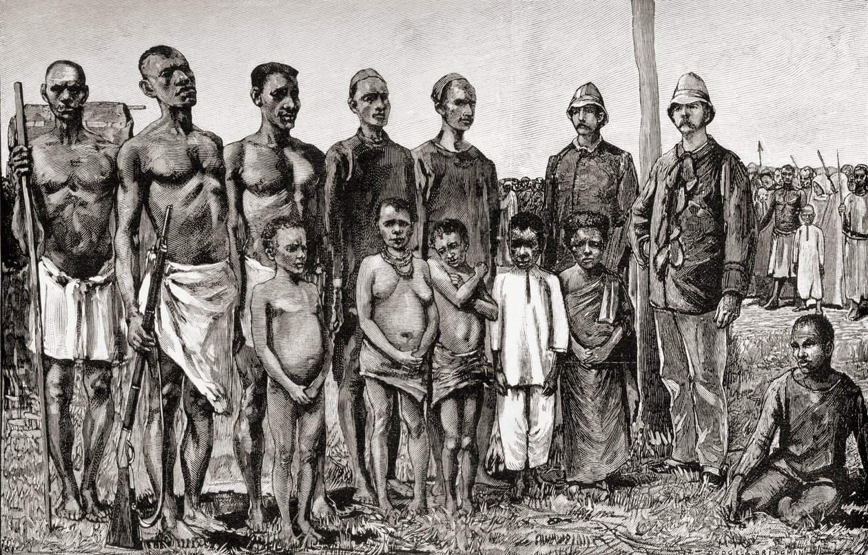 Pygmejští domorodci ve srovnání s anglickými důstojníky, Súdánci a Zanzibaři, 1890 (dřevoryt) od English School