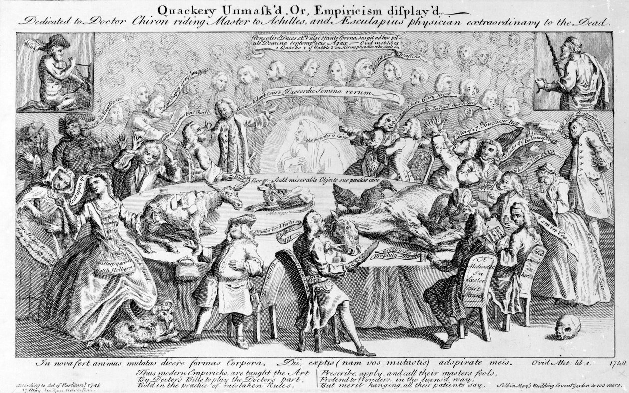 Odhaleno šarlatánství, aneb empirismus zobrazen: Věnováno doktoru Chironovi, Mistrovi na koni Achilleovi, a Aesculapiovi, mimořádnému lékaři mrtvých, 1748 od English School