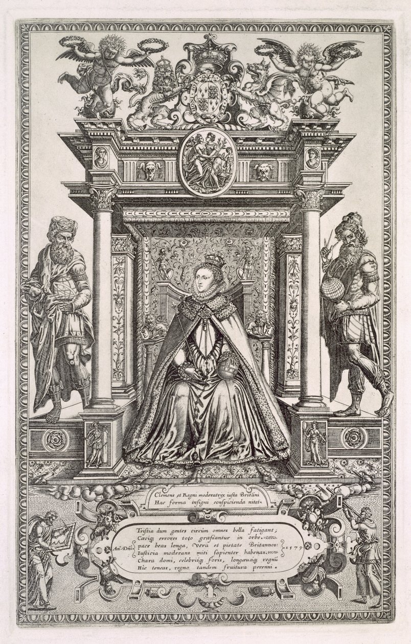 Královna Alžběta I. (1533-1603) jako patronka geografie a astronomie, Frontispis ke knize saských map Anglie, 1579 od English School