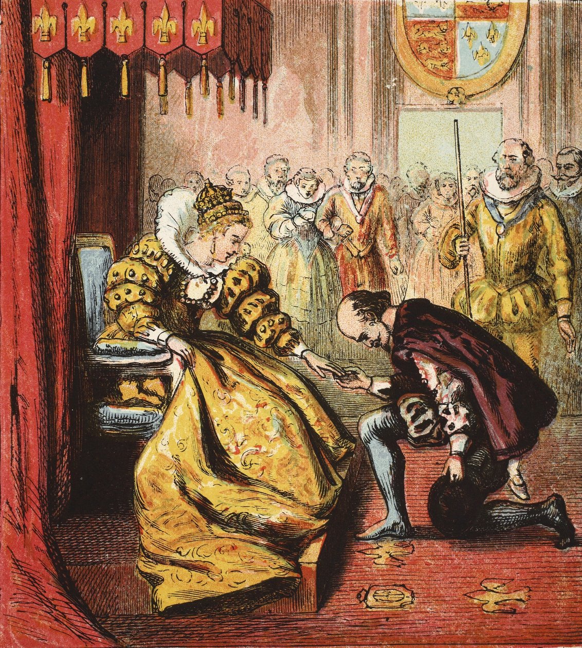 Královna Alžběta I. a Shakespeare, hospoda. 1890 (barevná rytina) od English School