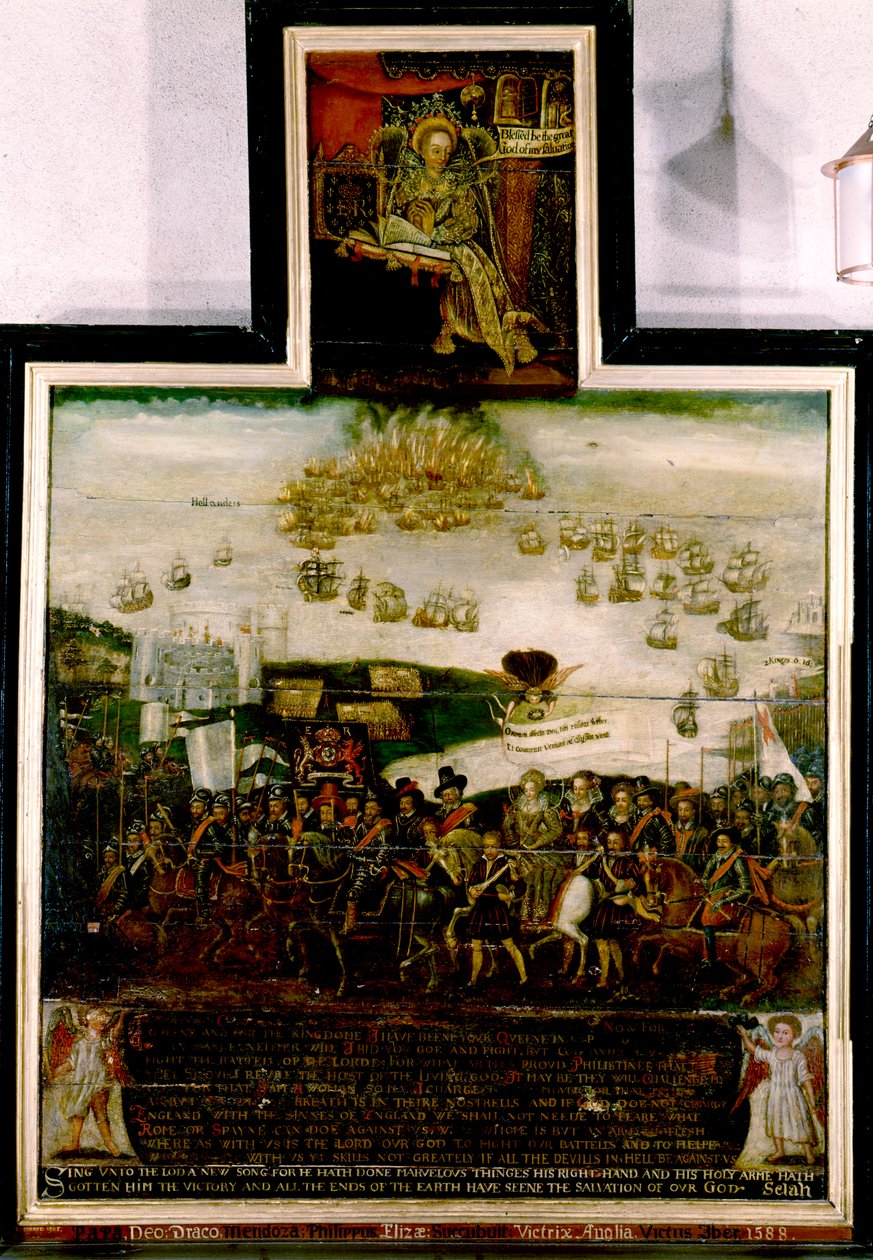 Příjezd královny Alžběty I. do Tilbury a anglická porážka španělské armády z roku 1588 (olej na panelu) od English School