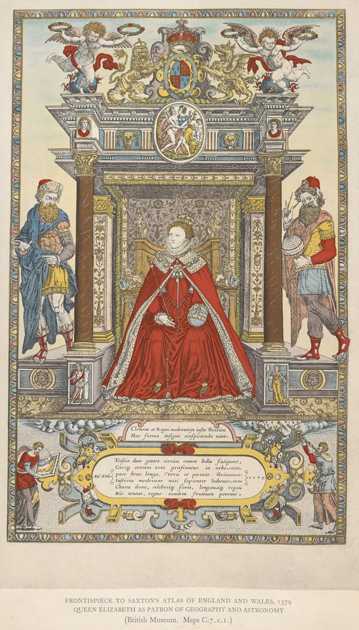 Královna Alžběta jako patronka geografie a astronomie. Frontispis k Saxtonovu atlasu Anglie Wales z roku 1579 (barevné lito) od English School