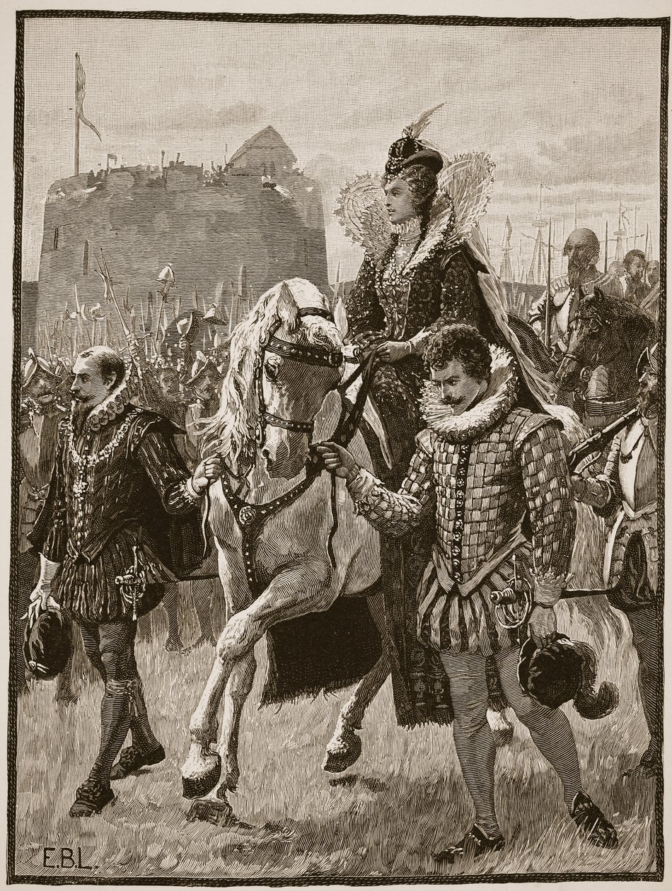 Královna Alžběta v Tilbury, ilustrace z Cassells Illustrated History of England (sépiová fotografie) od English School