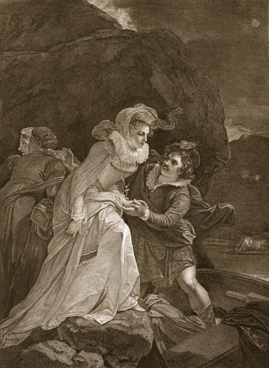 Královna Marie prchající z hradu Loch Leven, ilustrace z knihy Davida Humese The History of England, vyd. R. Bowyer, Londýn, 1812. od English School