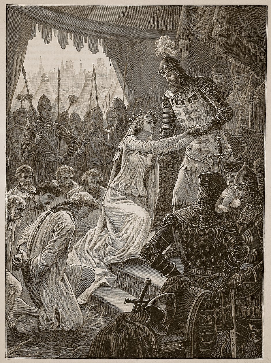 Královna Filippa se přimlouvá za měšťany z Calais, ilustrace z Cassells Illustrated History of England (sépiová fotografie) od English School